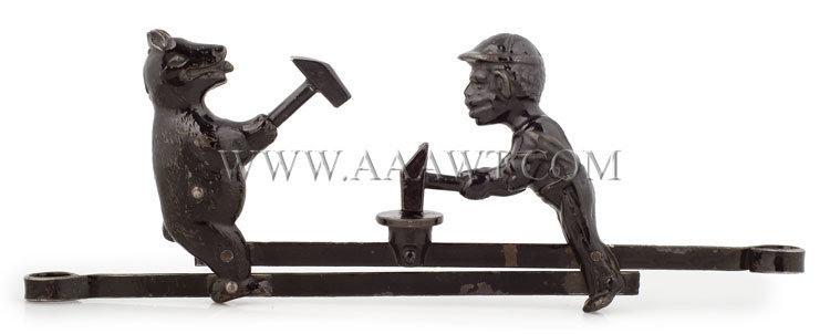 Cast Iron Mechanical Toy
Bear and man holding sledge hammers Possibly Anti-Slavery
Original black paint, entire view